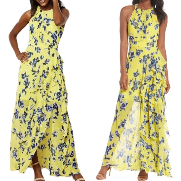 Eliza J Dresses & Skirts - Eliza J Yellow Halter Ruffle Sleeveless Chiffon Maxi Dress size 4